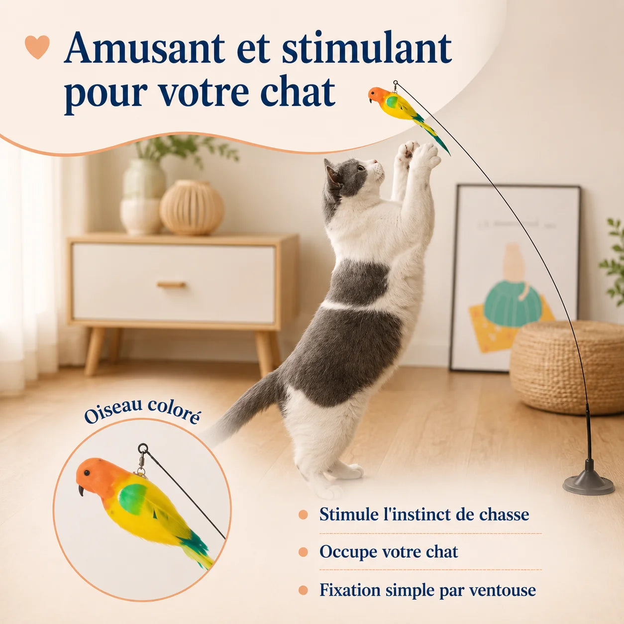 Chat bondissant vers BirdyFun, un jouet oiseau conçu pour stimuler son instinct de chasse