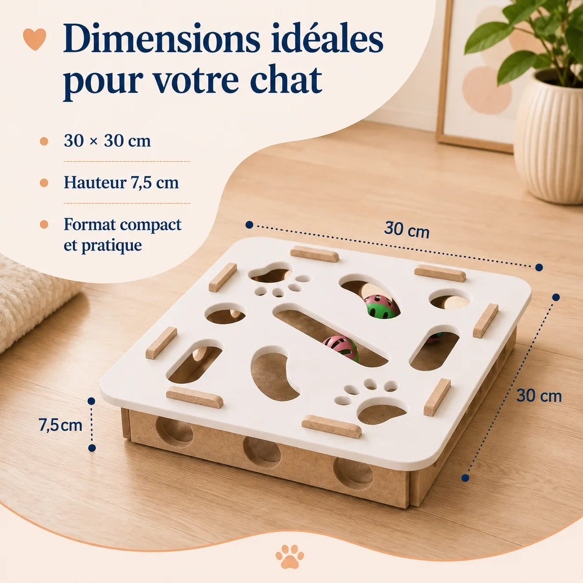 Dimensions BoxiCat 30 × 30 cm - boite interactive labyrinthe pour chat, format compact et stable au sol