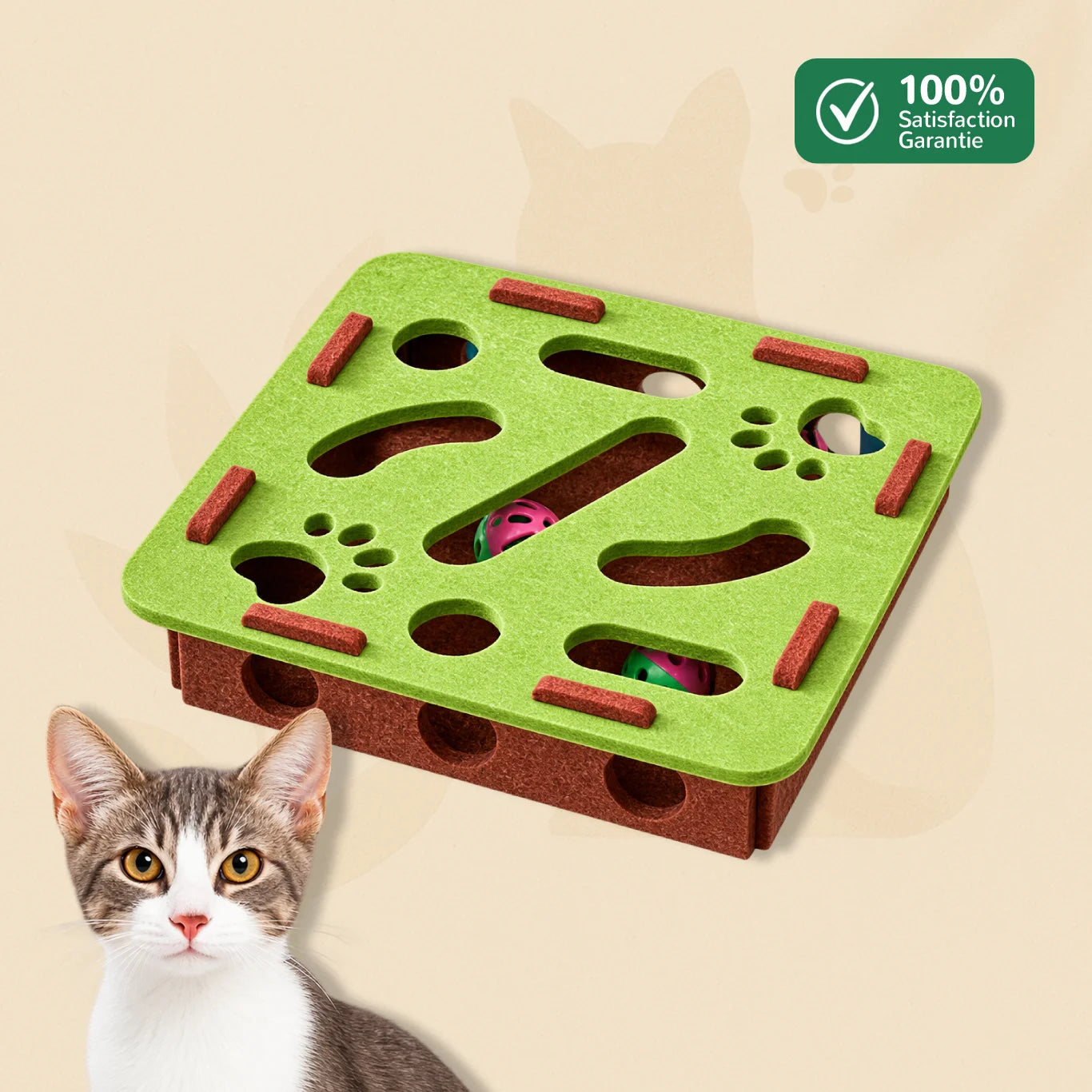 Boite interactive chat BoxiCat coloris vert - labyrinthe à balles vue produit complète, feutre doux - Oaura