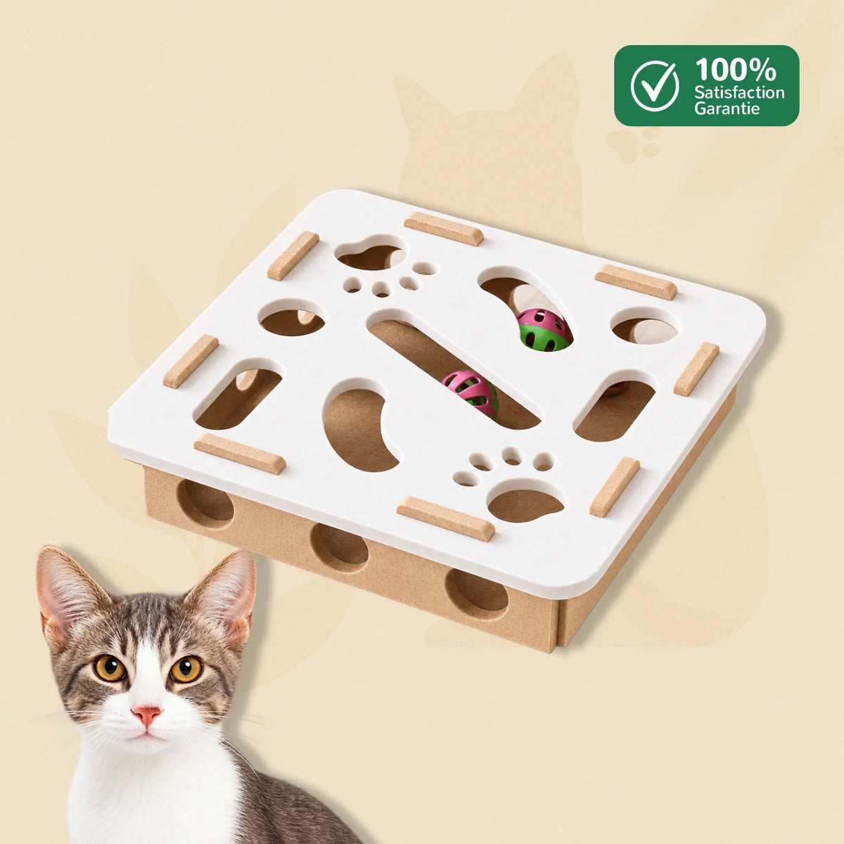 BoxiCat modèle rond coloris blanc - stimulation instinct de chasse chat d'intérieur, sans pile