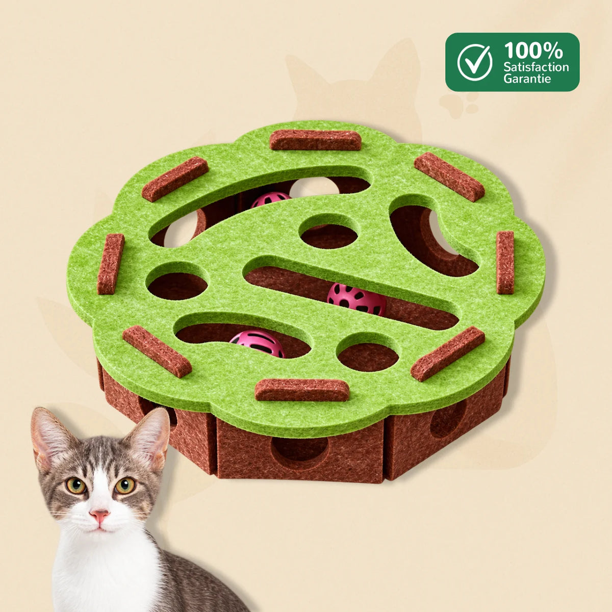 BoxiCat modèle rond coloris vert - trous de jeu et balles visibles, vue de dessus