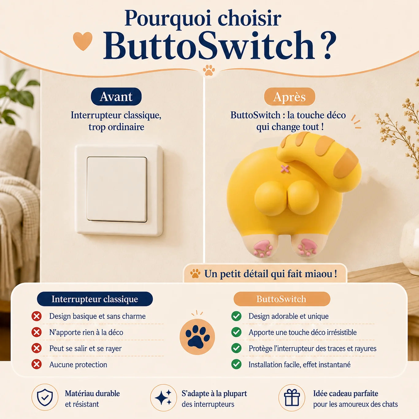 Comparatif avant/après ButtoSwitch - interrupteur classique vs cache décoratif chat