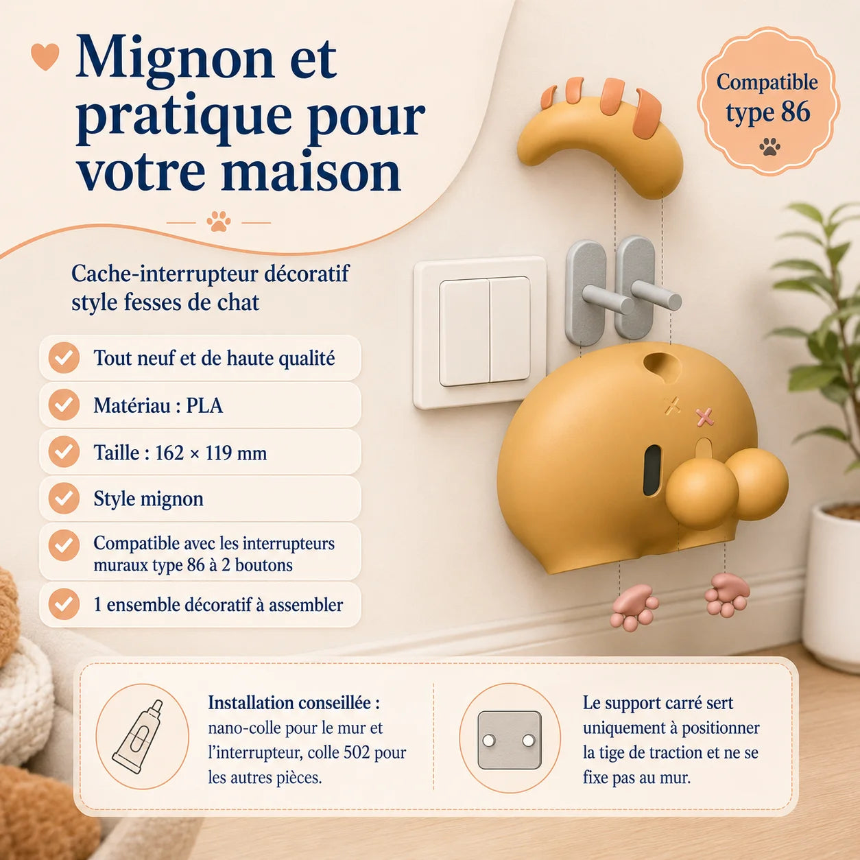 ButtoSwitch cache-interrupteur décoratif chat 3D orange, matière PLA, compatible type 86
