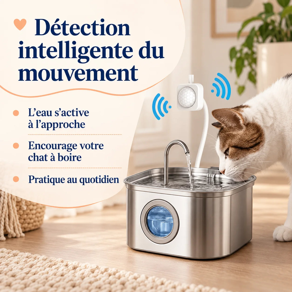 Capteur de mouvement activant automatiquement la fontaine lorsque le chat s’approche pour boire