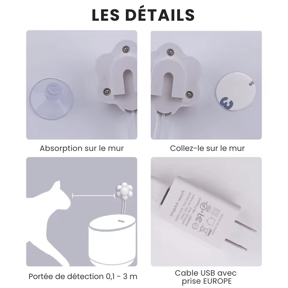 Détails du capteur infrarouge fontaine chat avec ventouse, portée 0,1 à 3 m et prise USB
