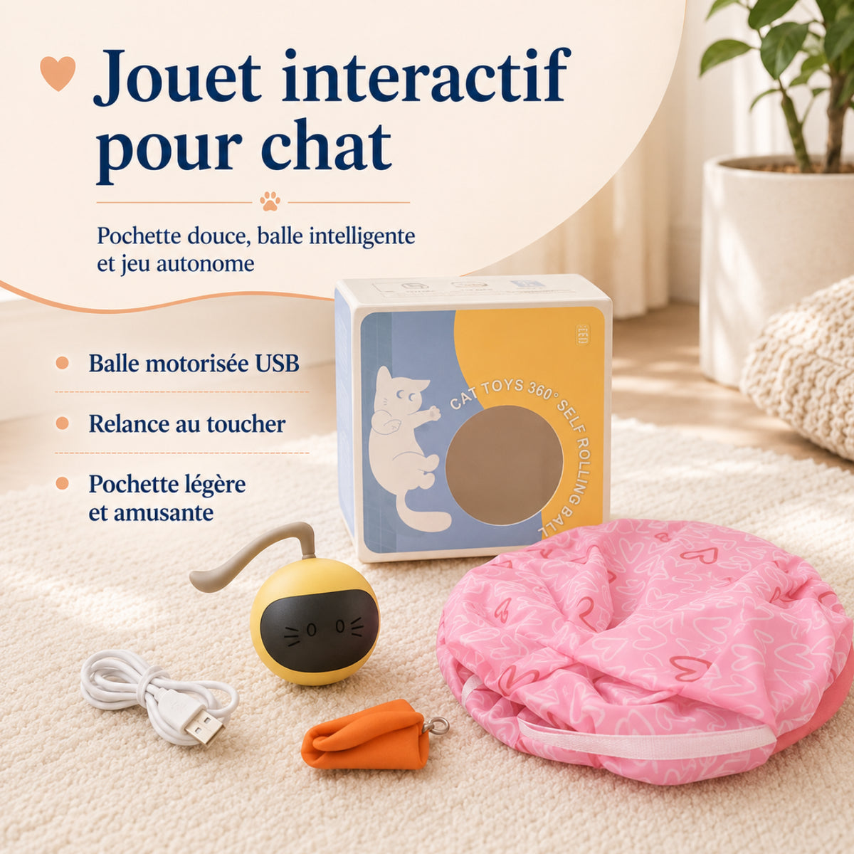 CaptiChat avec sa balle motorisée USB et sa pochette de jeu ronde pour chat