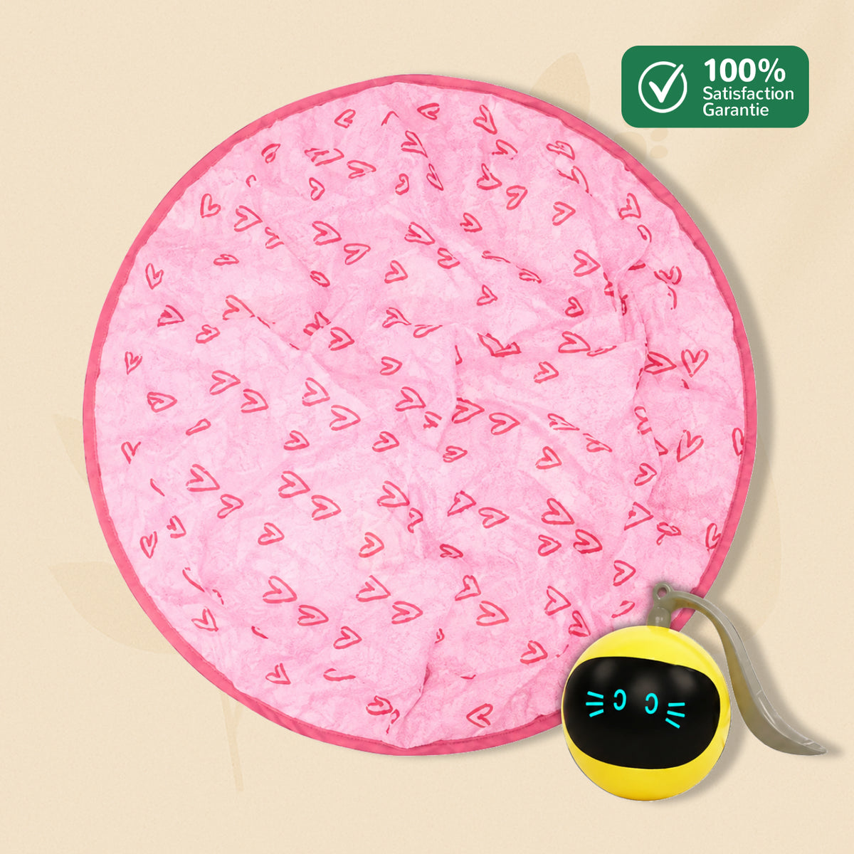 CaptiChat rose avec une balle motorisée jaune cachée sous sa pochette de jeu