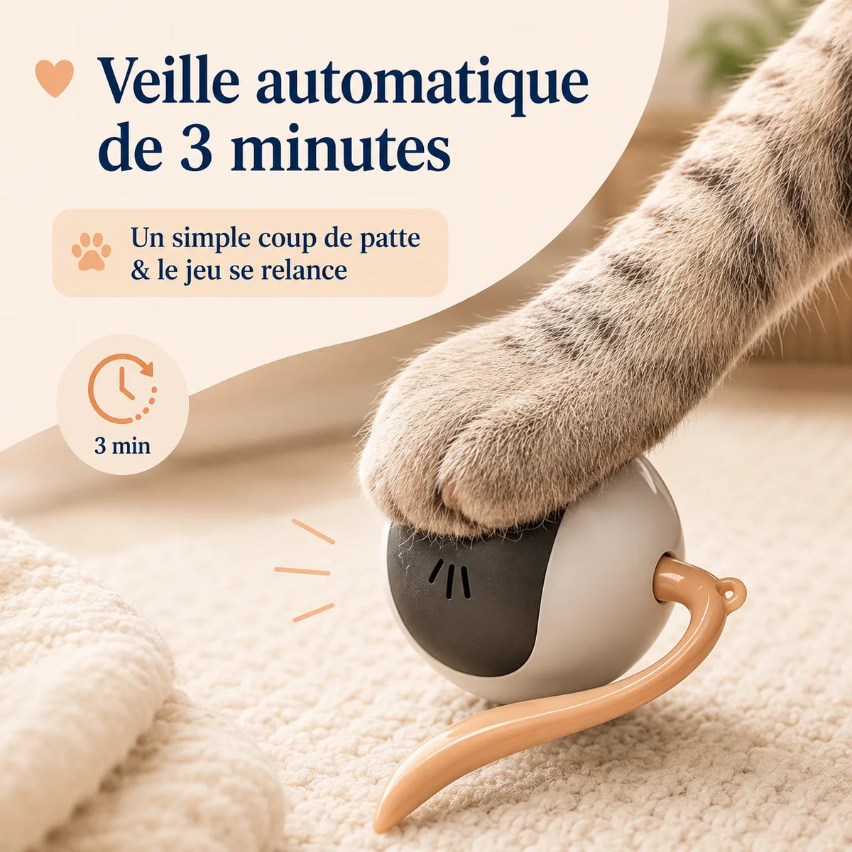 Balle motorisée CaptiChat se réactivant lorsque le chat la touche avec sa patte