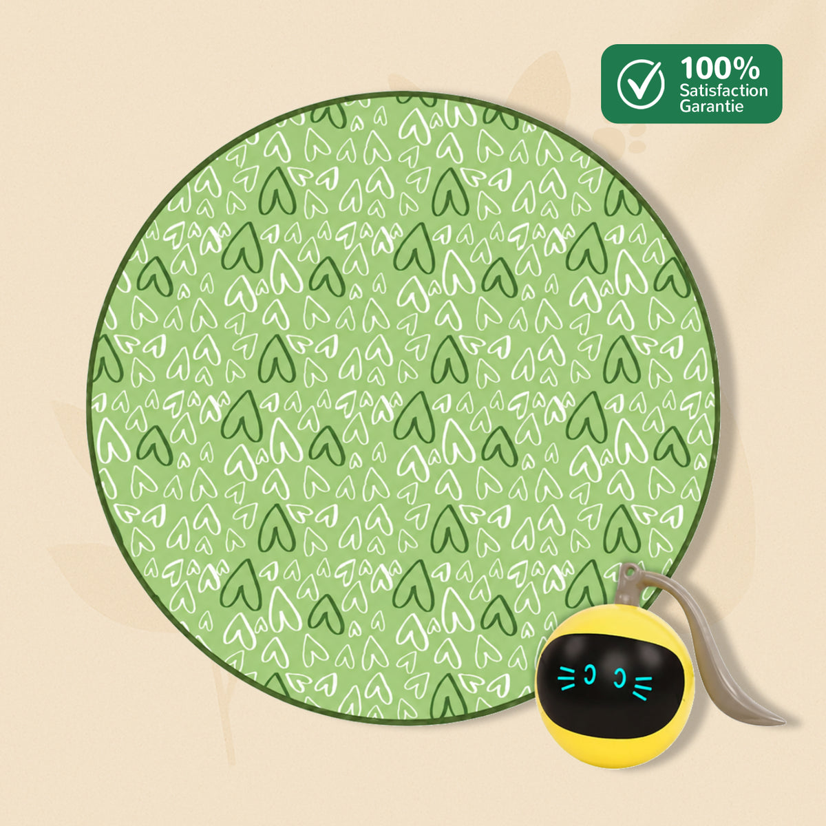 CaptiChat vert avec une balle motorisée jaune et une pochette ronde à motifs