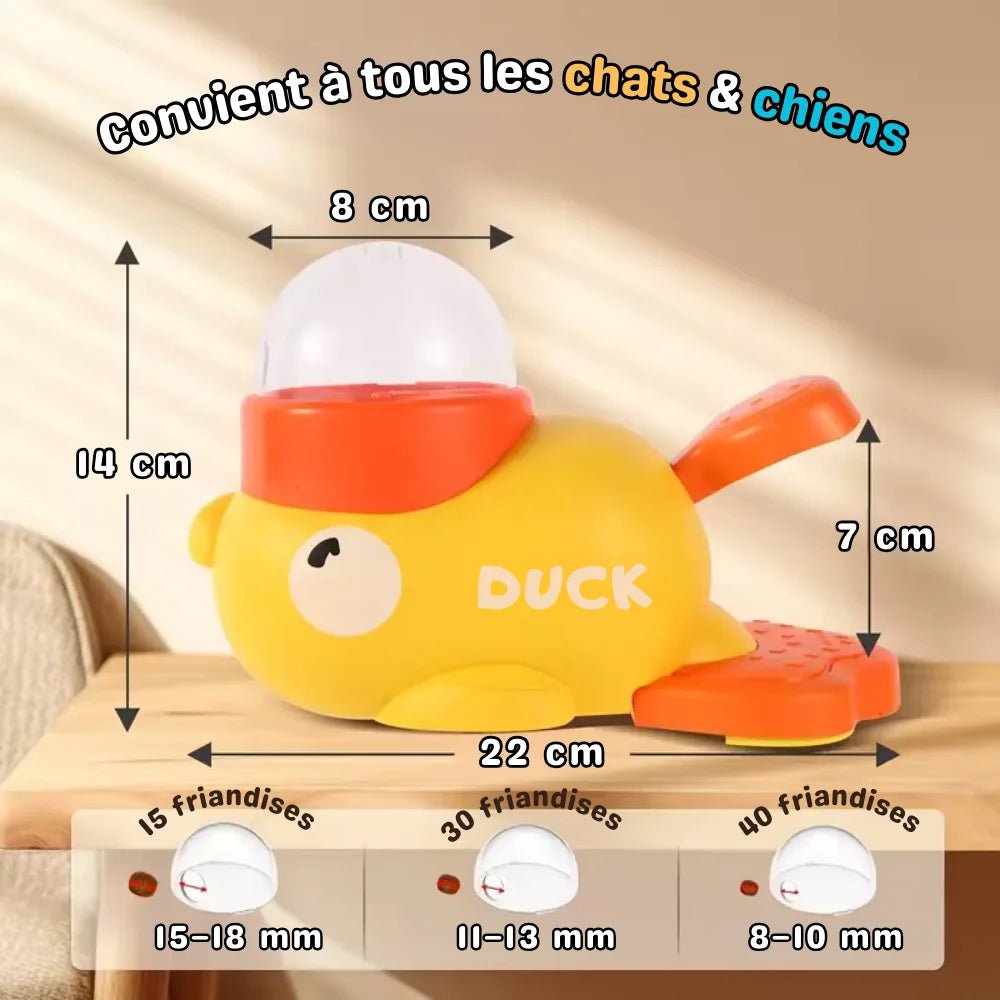 Dimensions de CaptiDuck et réglages adaptés à trois tailles de friandises