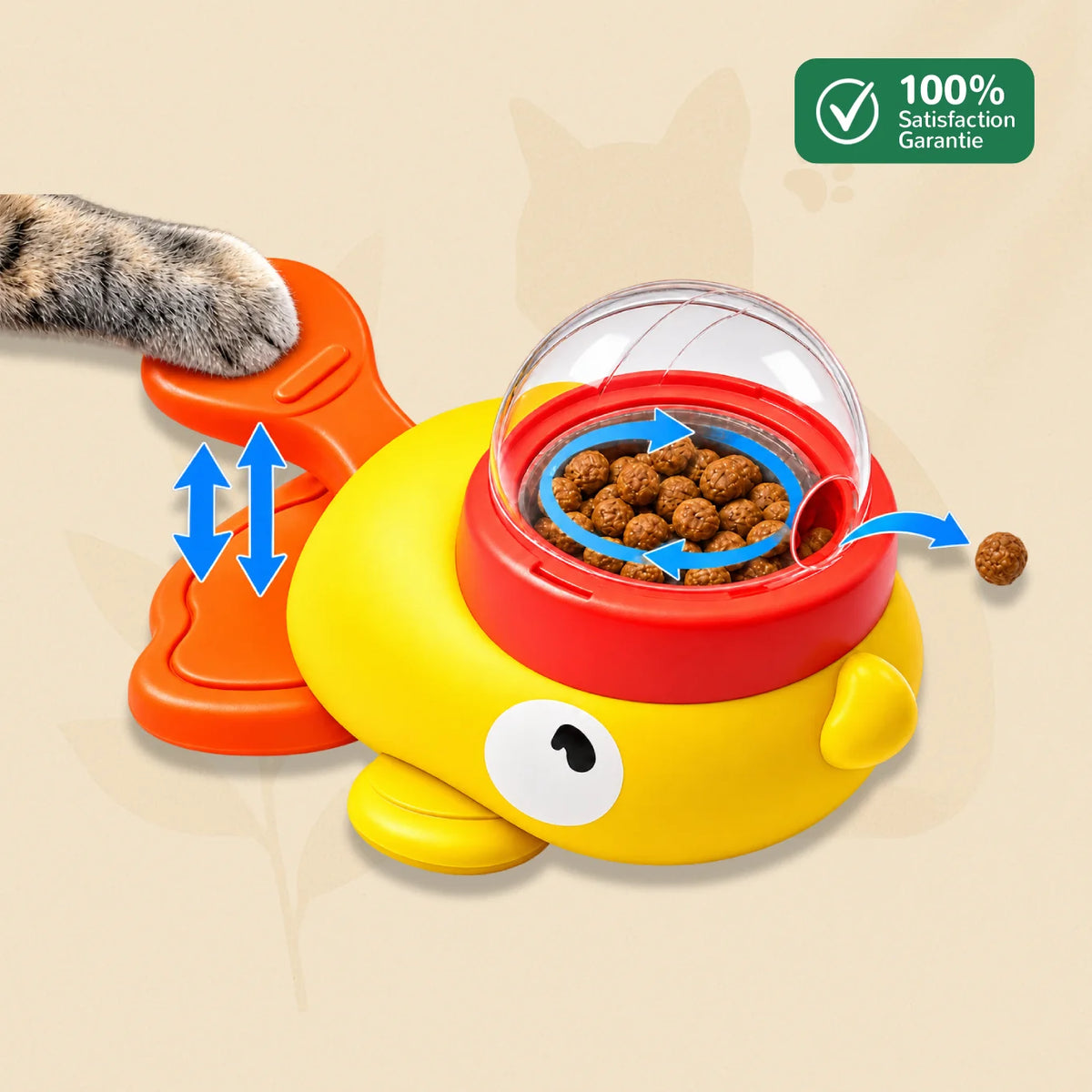 Patte de chat appuyant sur la queue de CaptiDuck pour libérer une friandise