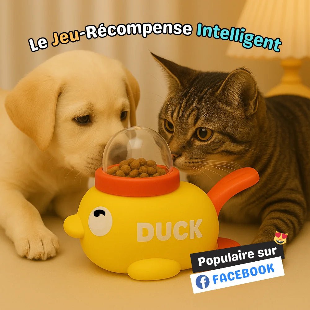 Chat et chiot découvrant CaptiDuck, le distributeur de friandises en forme de canard