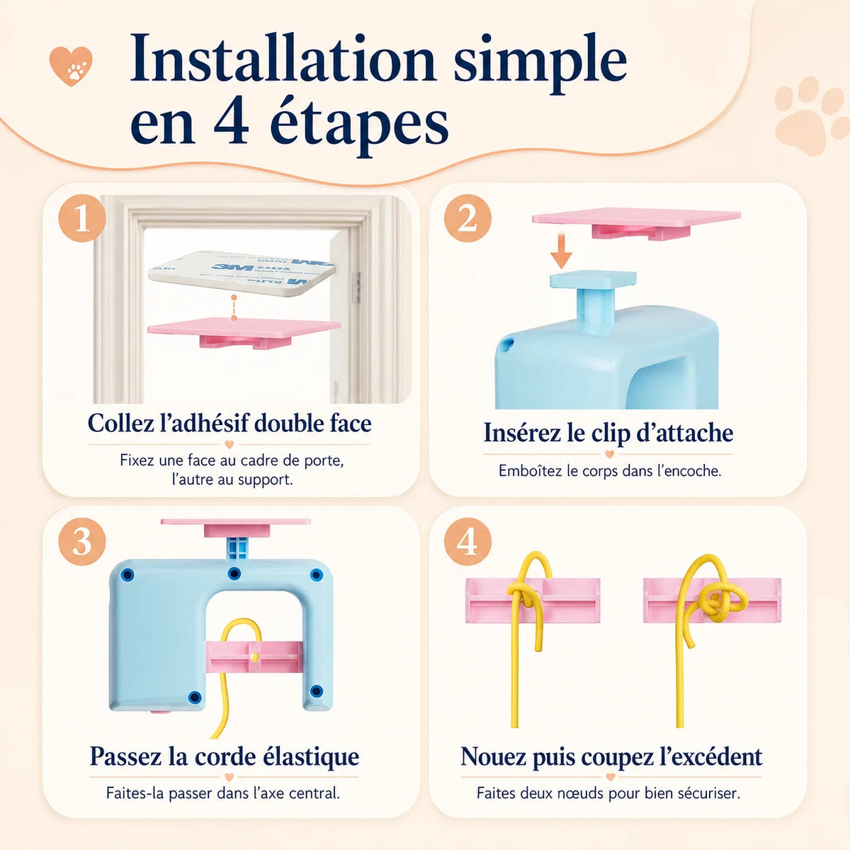 Installation CatchyCat en 4 étapes sur cadre de porte - jouet automatique chat, mise en place rapide