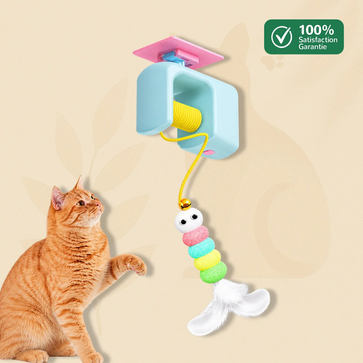 CatchyCat bleu - jouet automatique suspendu sur porte pour chat, corde élastique 1,8 m et plumes