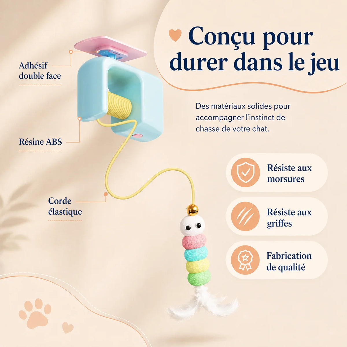 CatchyCat matériaux ABS robuste + corde élastique résistante aux griffes - fixation adhésive