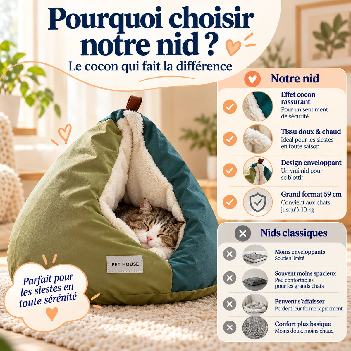 Comparatif CaveNest face aux nids classiques avec effet cocon rassurant, tissu doux et grand format 59 cm