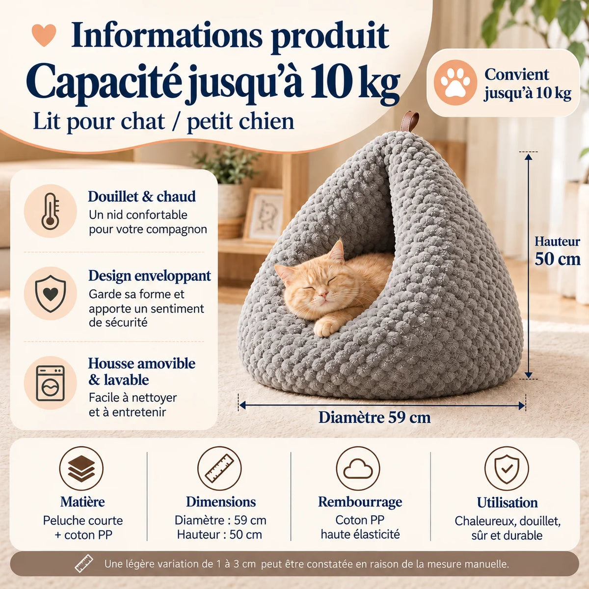 Nid cave pour chat CaveNest gris avec housse amovible, rembourrage coton PP et capacité jusqu’à 10 kg