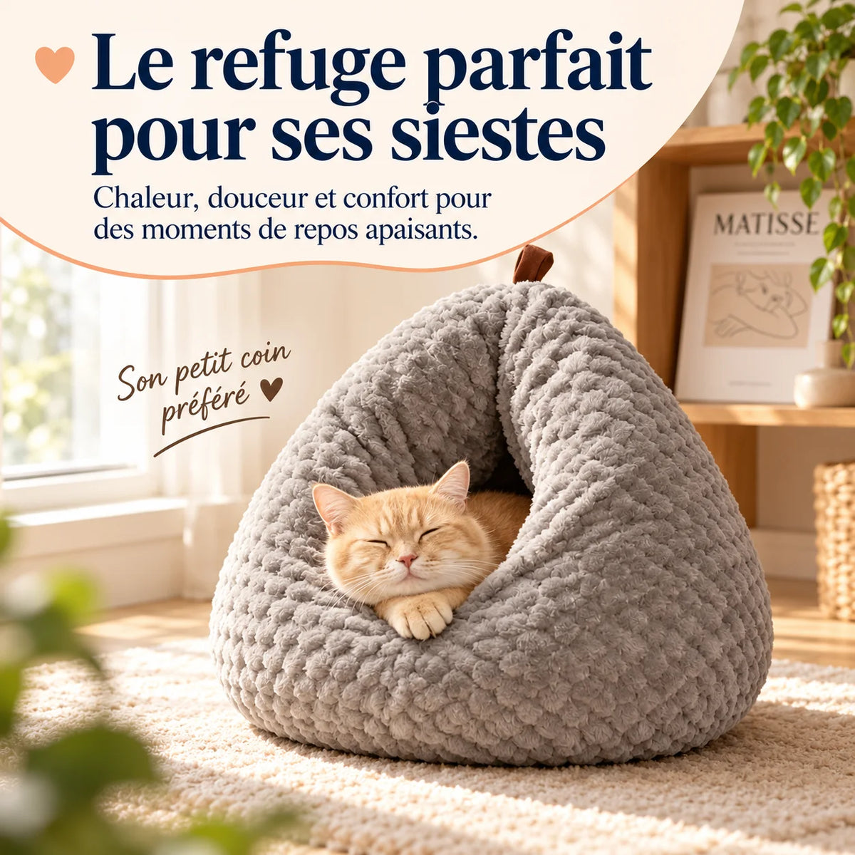 Nid cave pour chat CaveNest gris avec chat installé dans un refuge douillet pour ses siestes