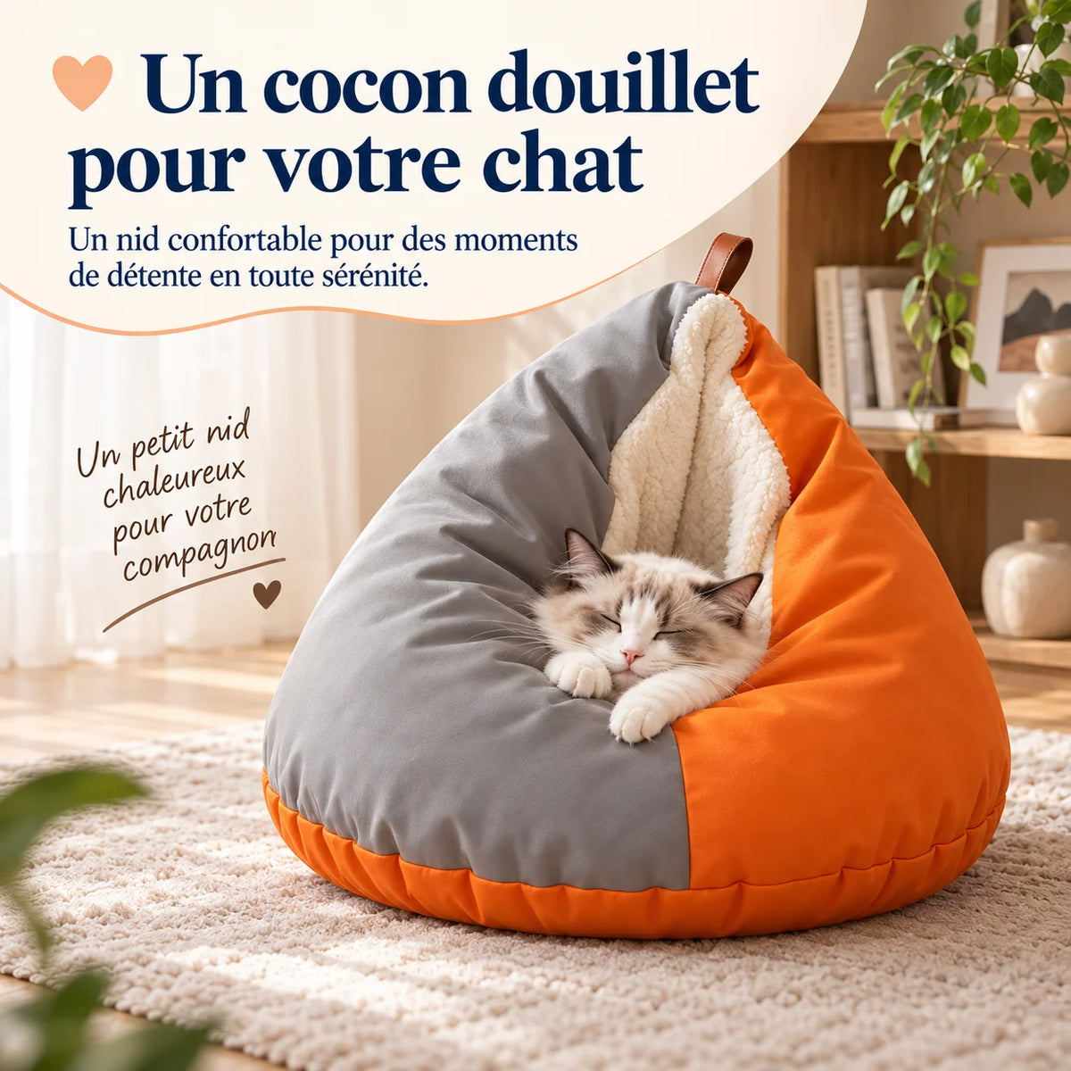 Nid cave pour chat CaveNest orange et gris avec intérieur doux pour créer un cocon confortable