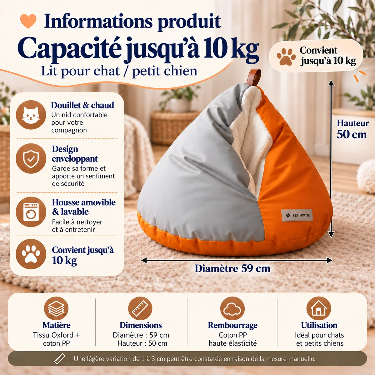 Nid cave pour chat CaveNest orange et gris avec dimensions 59 cm, hauteur 50 cm et capacité 10 kg