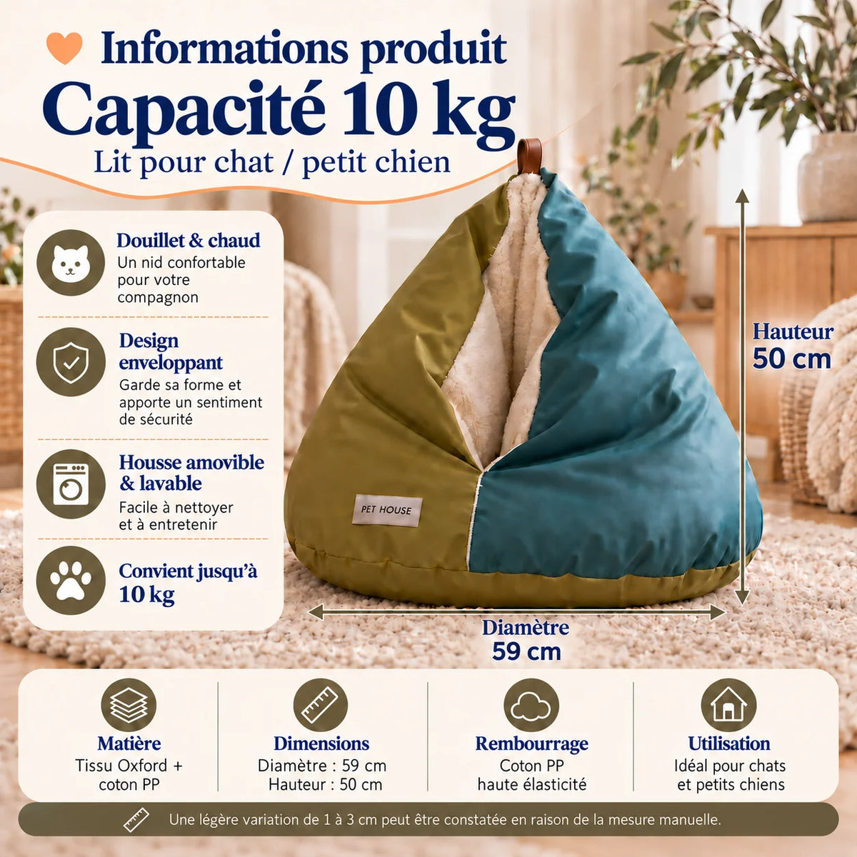 Nid cave pour chat CaveNest vert et bleu avec capacité 10 kg, diamètre 59 cm et hauteur 50 cm