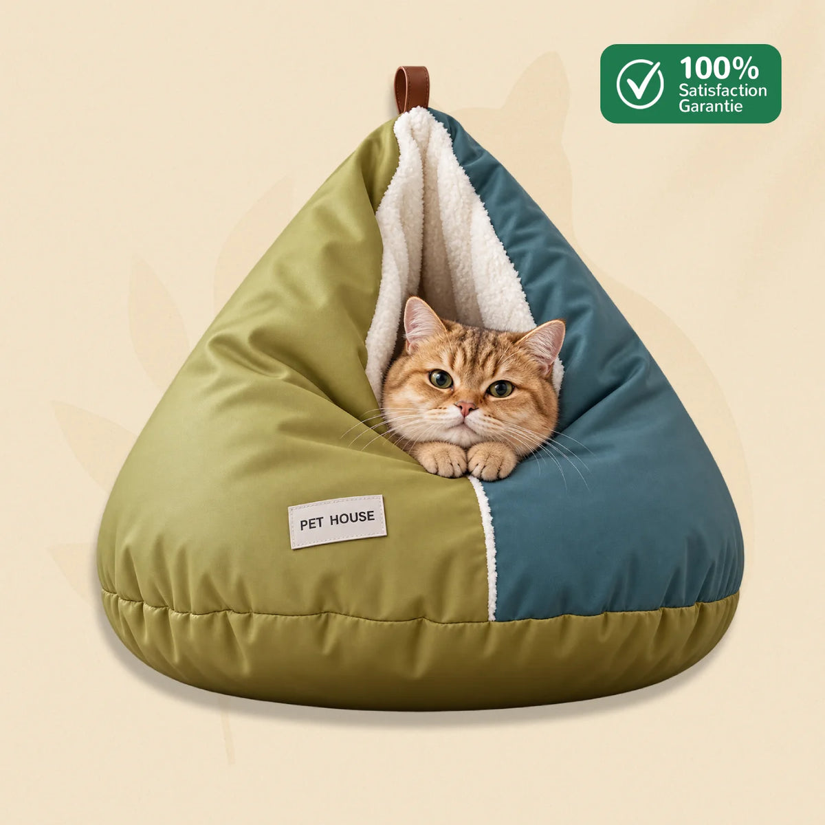 Nid cave pour chat CaveNest vert avec chat installé dans un refuge douillet pour ses siestes