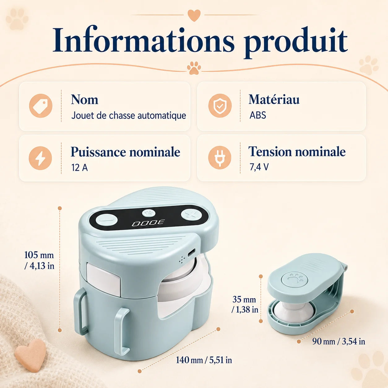 Dimensions et caractéristiques du jouet automatique ChaseTrack pour chat avec unité motorisée et poulie
