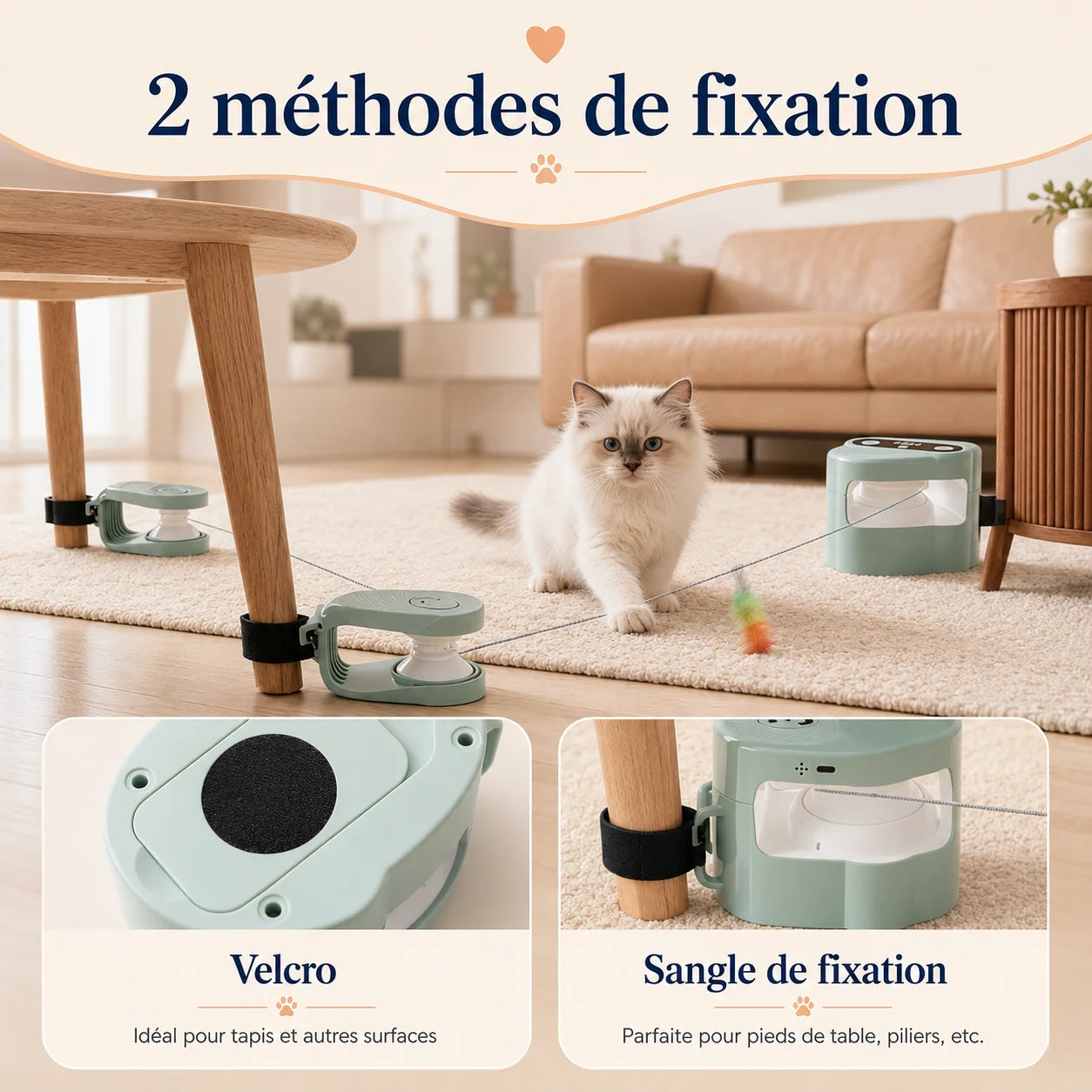 Deux méthodes de fixation du jouet ChaseTrack avec Velcro pour tapis et sangle pour pieds de meubles