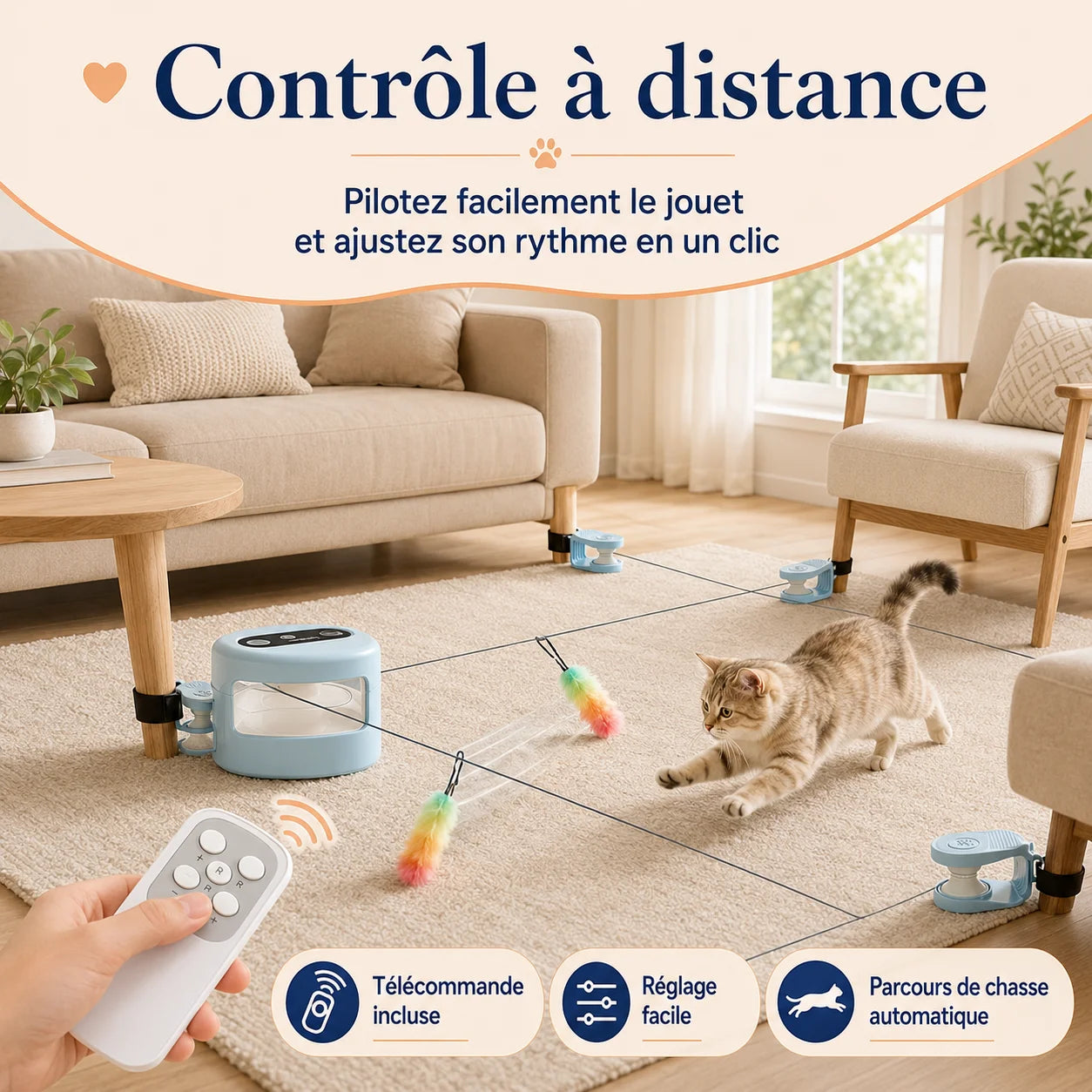 Chat poursuivant les leurres du jouet ChaseTrack contrôlé à distance avec sa télécommande