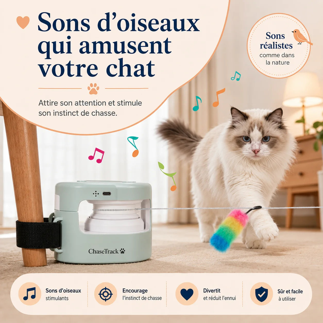 Jouet ChaseTrack diffusant des sons d’oiseaux pour attirer l’attention du chat pendant la poursuite