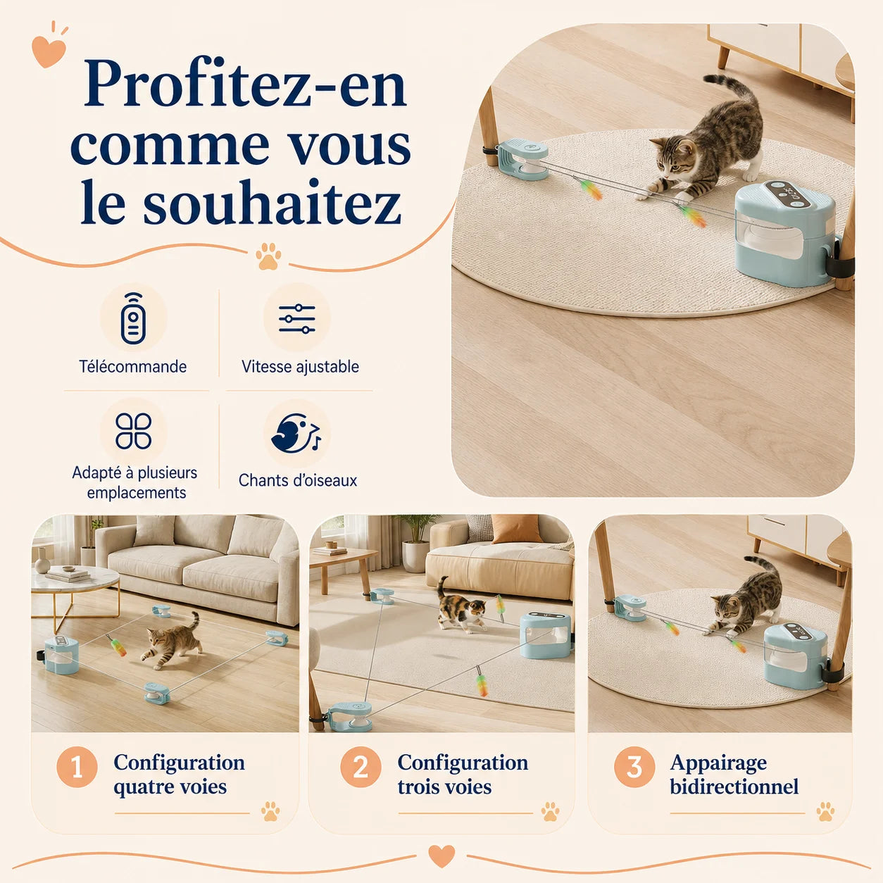 Jouet interactif ChaseTrack pour chat installé en parcours à deux, trois ou quatre points
