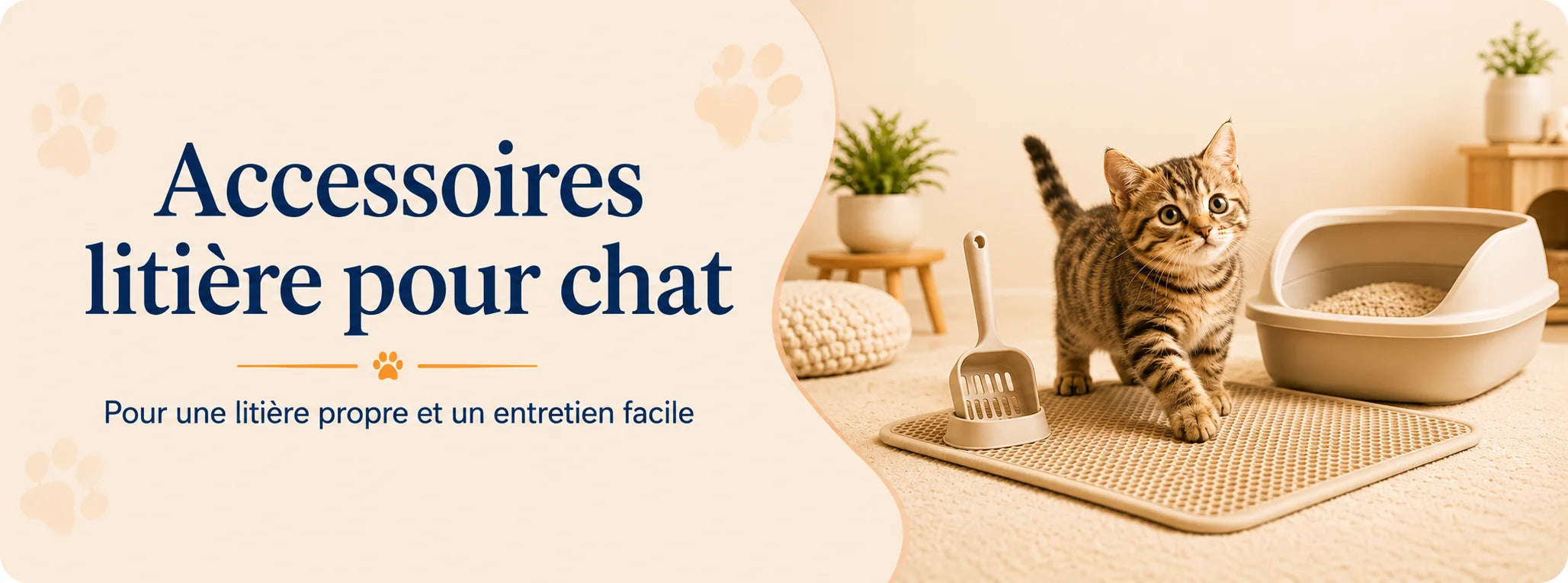 Chat près de son bac à litière avec un tapis récupérateur et une pelle de nettoyage