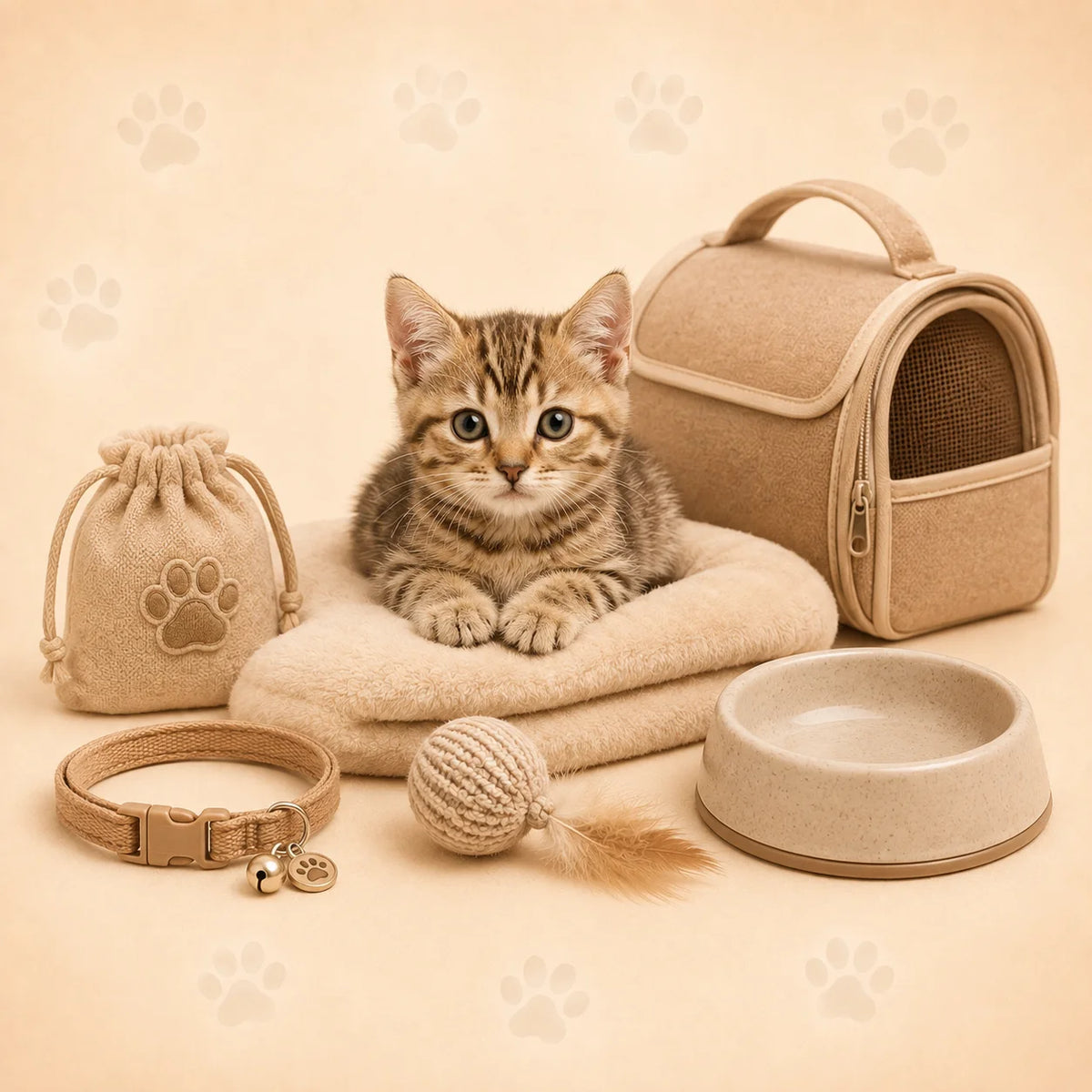 Accessoires pour chat avec panier, gamelle, collier, jouet et sac de transport