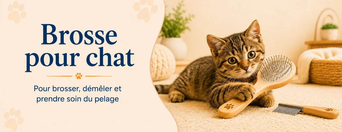Chat avec une brosse et un peigne conçus pour entretenir et démêler son pelage