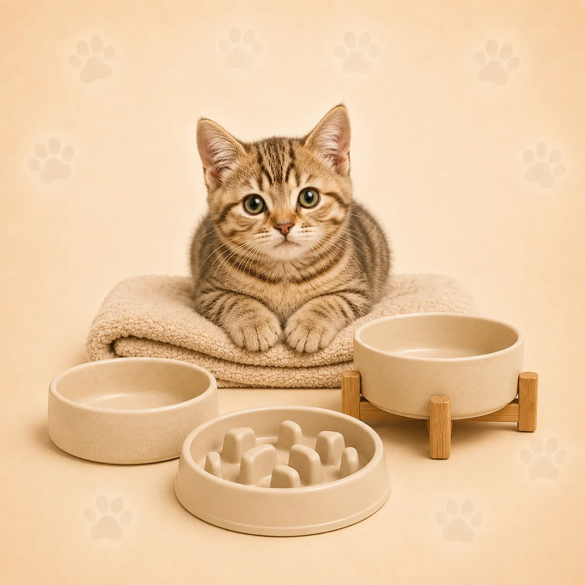 Chaton entouré de plusieurs gamelles pour chat, dont une gamelle surélevée et une gamelle anti-glouton