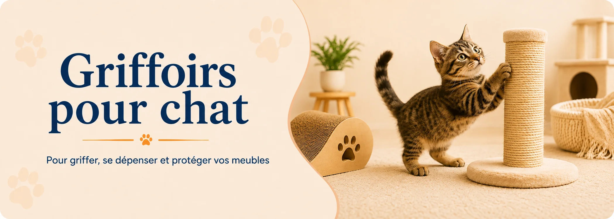 Chat faisant ses griffes sur un griffoir vertical en sisal près d’un griffoir en carton