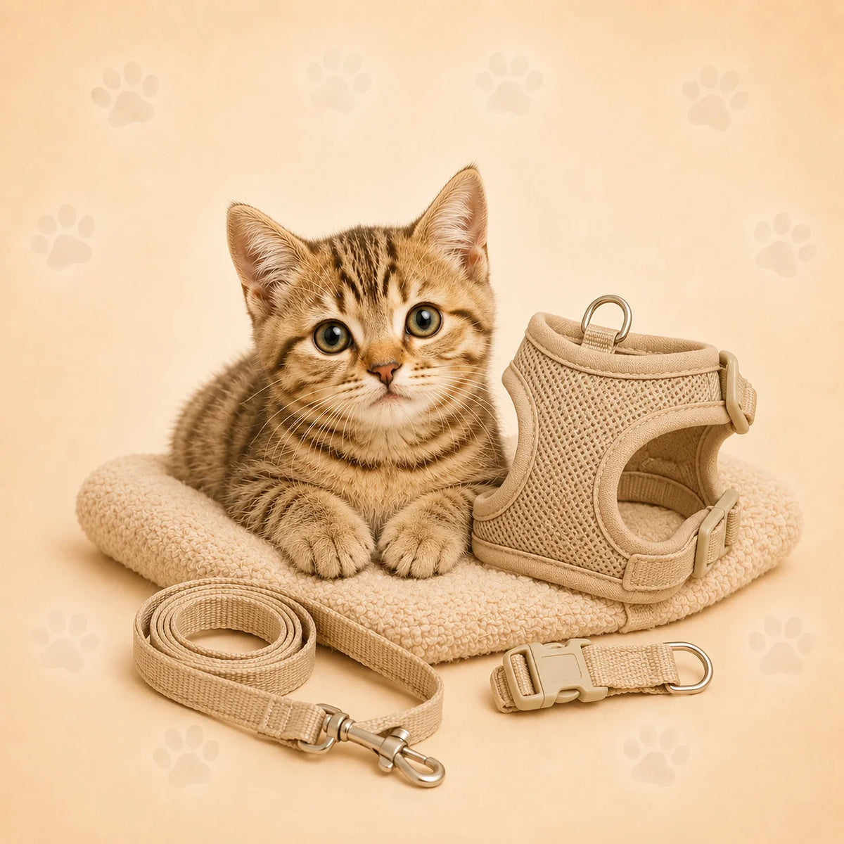 Chaton accompagné d’un harnais respirant, d’une laisse et d’un collier pour chat