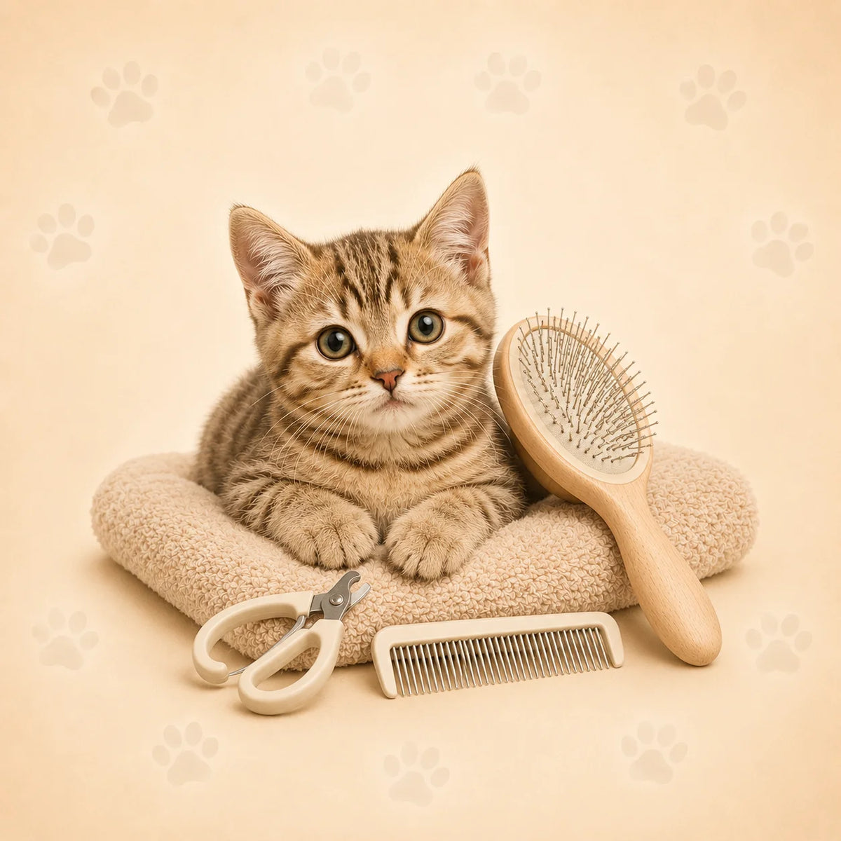 Accessoires d’hygiène et de soin pour chat avec brosse, peigne et coupe-griffes