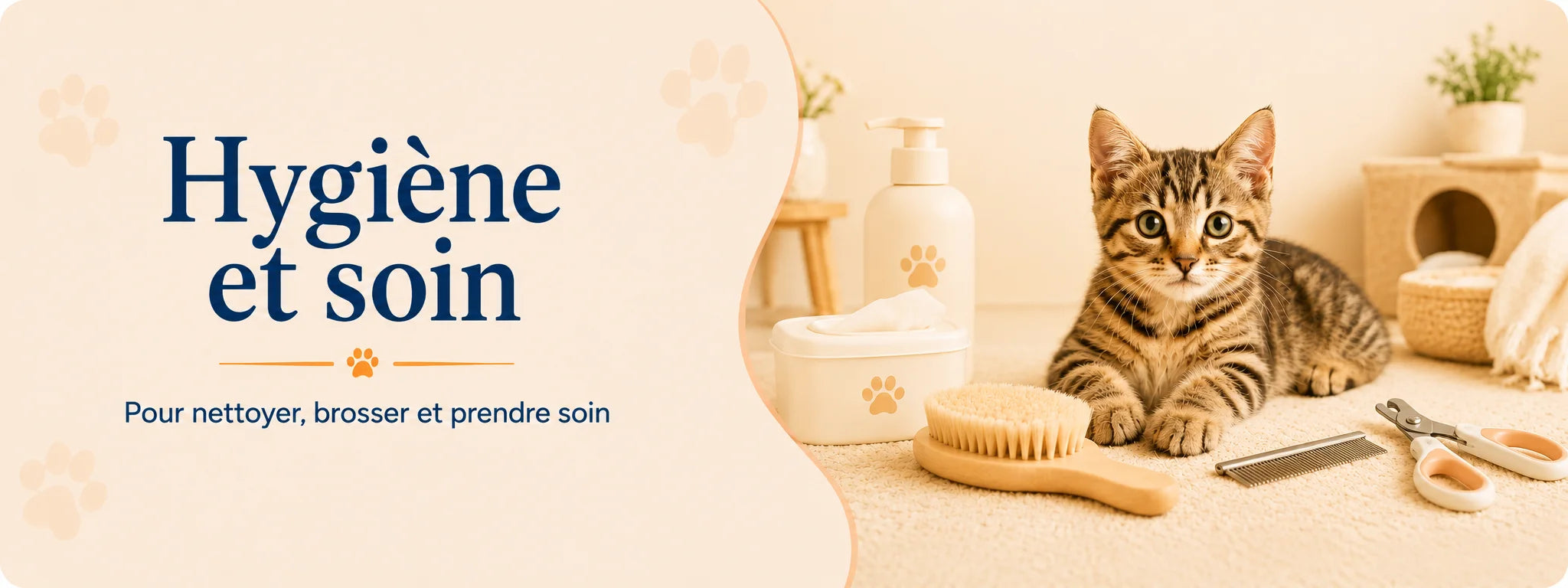 Chat entouré d’une brosse, d’un peigne, d’un coupe-griffes et de produits de soin