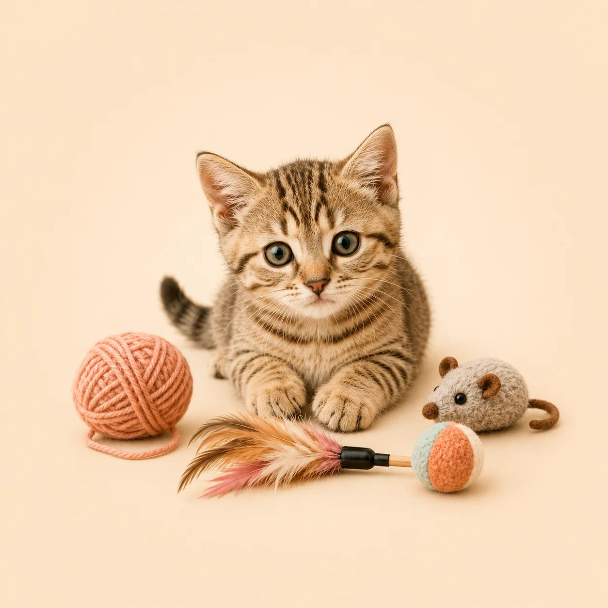 Chaton entouré de jouets pour chat avec balle, plumeau et souris