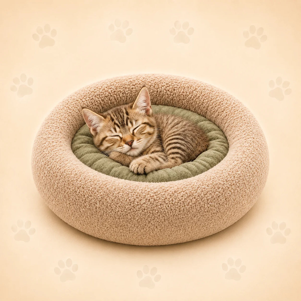 Chaton endormi dans un lit rond et moelleux pour chat