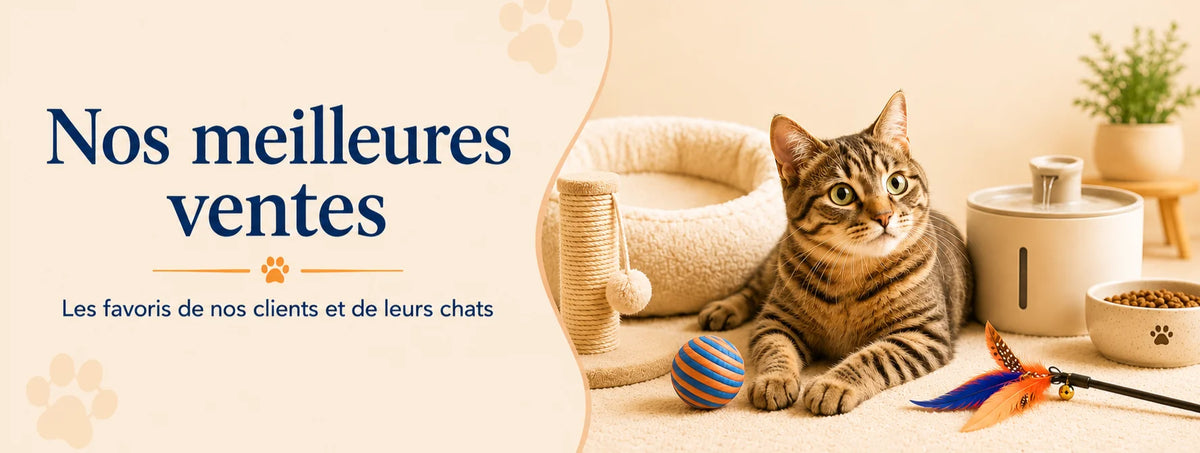 Chat entouré des produits préférés des clients avec fontaine, couchage, gamelle, griffoir et jouets