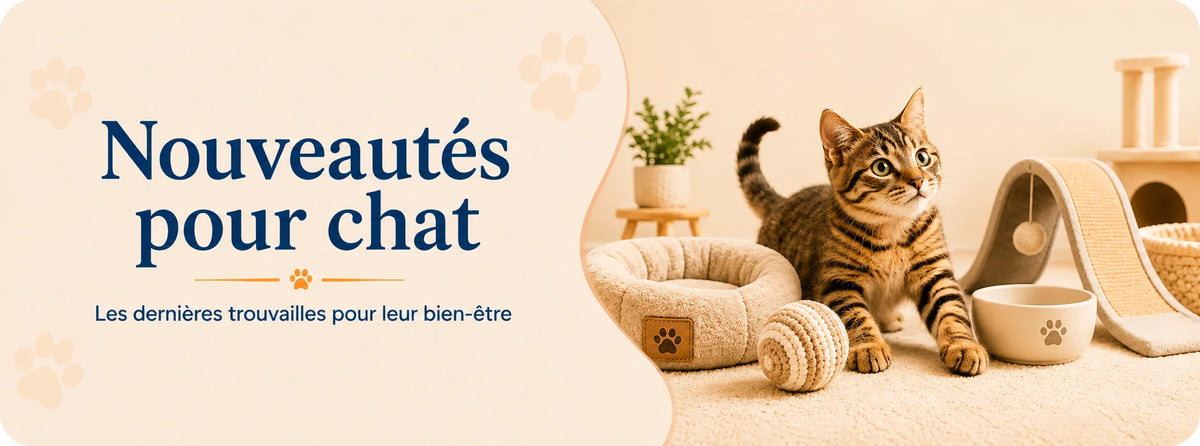 Chat découvrant les nouveautés avec lit, balle, gamelle et griffoir
