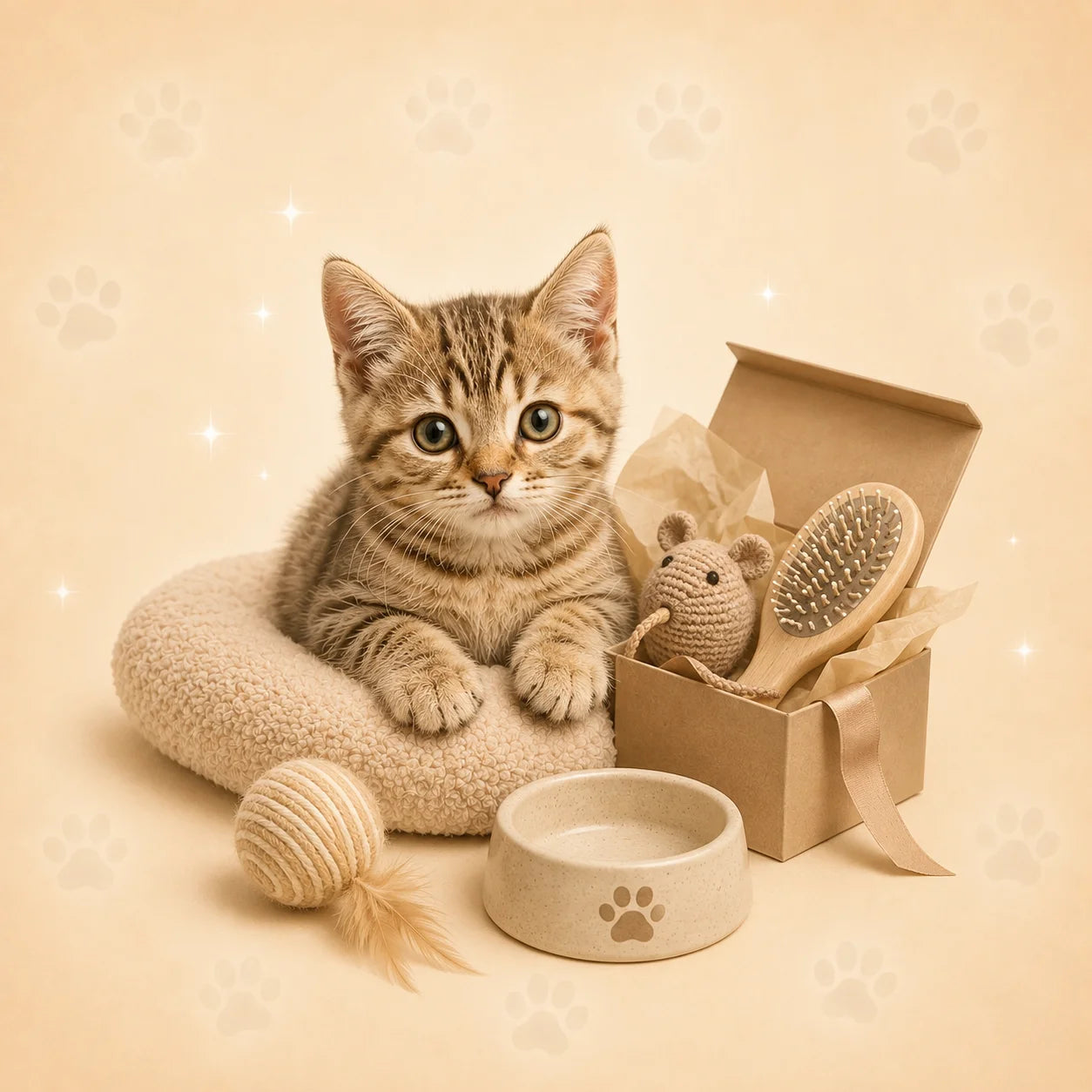Chaton entouré des nouveautés Oaura avec jouets, brosse et gamelle pour chat