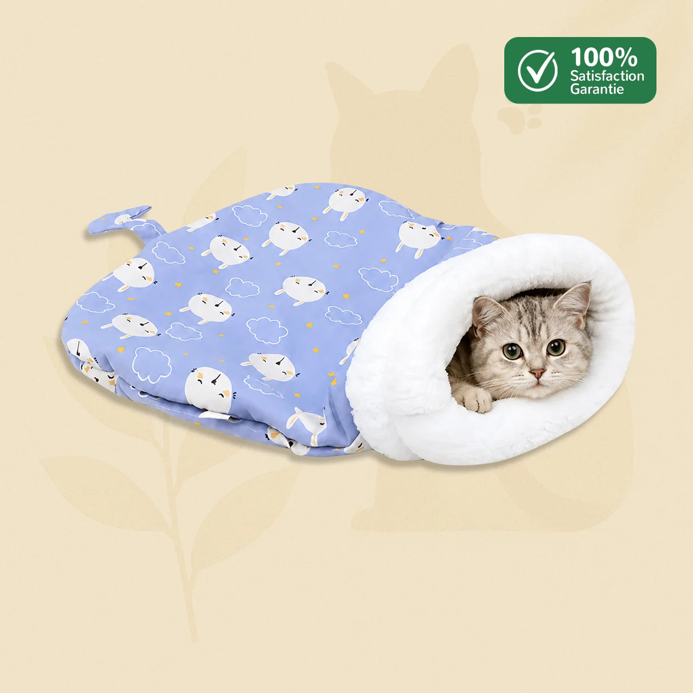 Sac de couchage pour chat CosyFelin bleu avec doublure moelleuse et chat installé dans le cocon