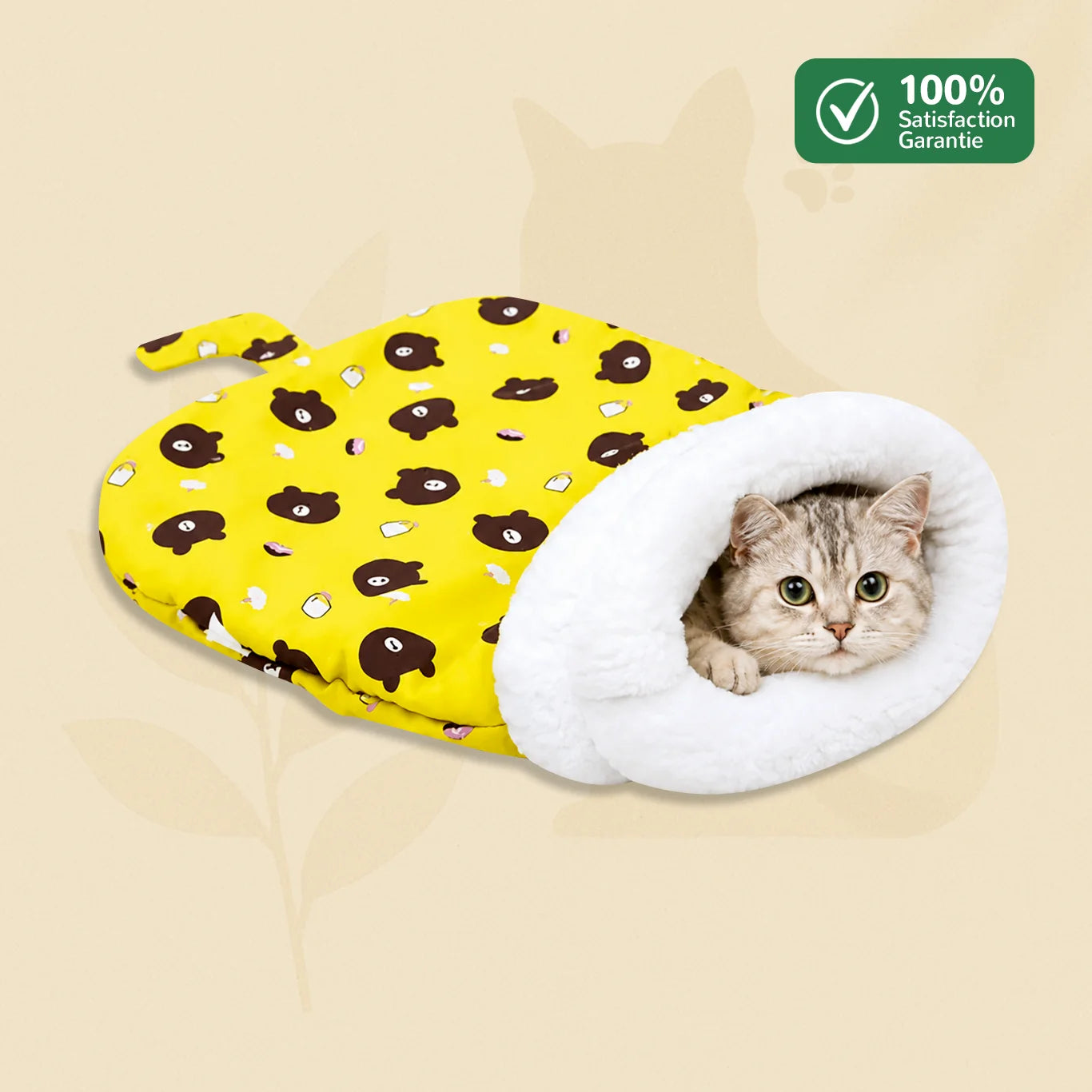 Sac de couchage pour chat CosyFelin jaune motif ours avec doublure chaude et douce