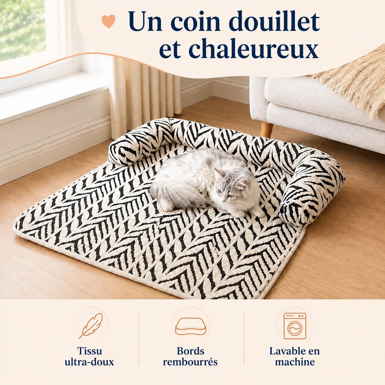 Chat installé sur le couchage CosyPaw ultra-doux avec rebords rembourrés, lavable en machine – Oaura