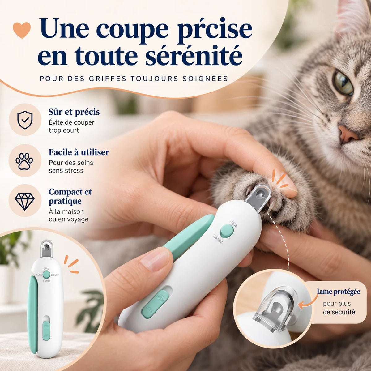 Utilisation du coupe griffes chat ZenClaw avec lame protégée pour une coupe précise – Oaura