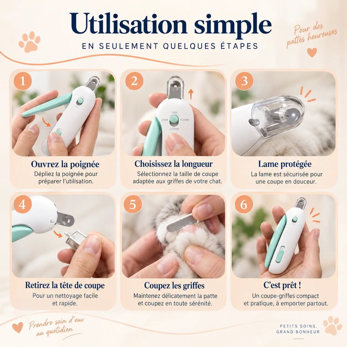 Étapes d’utilisation du coupe griffes chat ZenClaw avec réglage, coupe et lime intégrée – Oaura