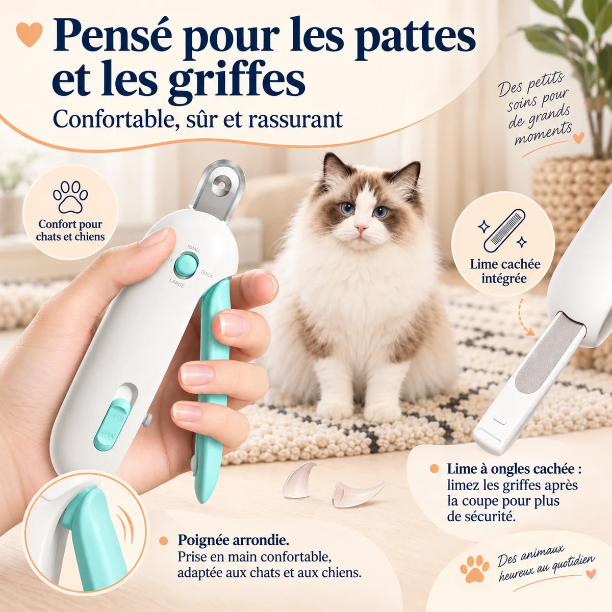 Coupe griffes chat ZenClaw avec lime à ongles intégrée et poignée ergonomique – Oaura